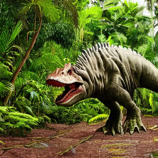 Image similar to giant tyrannosaurus rex walking through a tropical forest