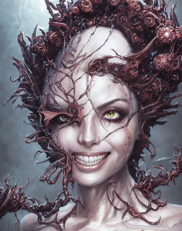 Prompt: a hyper detailed anime face portrait of the queen of blades smiling, with a beautiful face, by dorian cleavenger, greg rutkowski, wlop, astri lohne, zdzisław beksinski trending on artstation