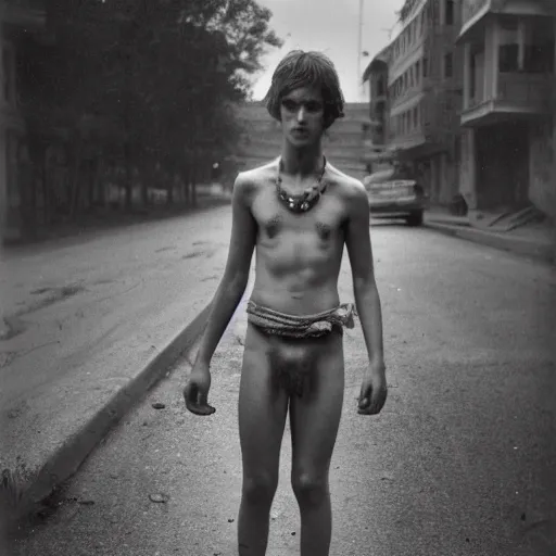 Prompt: a teenage boy, around 1 9 years old with necklace, natural brown hair, loincloth, pale skin. as homeless. detailed face. ominous and eerie looking street in background. natural color. hyperrealistic photo.