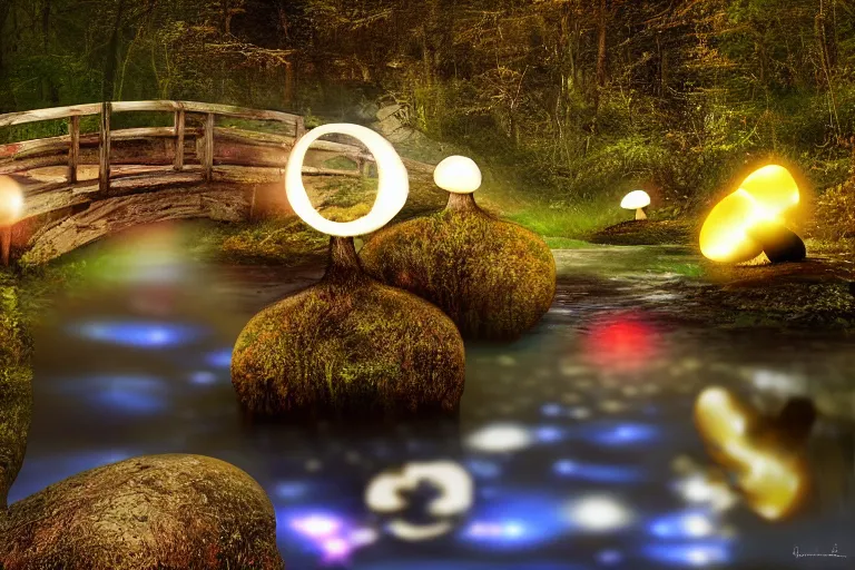 Prompt: giant mushrooms with lights next to a small bridge, flowing water, digital art, scenic,