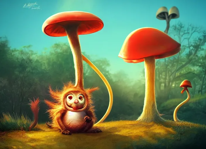 Image similar to a cute dr seuss creature sitting next to a mushroom, golden hour, fantasy, sharp focus, digital art, hyper realistic, 4 k, unreal engine, highly detailed, hd, dramatic lighting by brom, trending on artstation