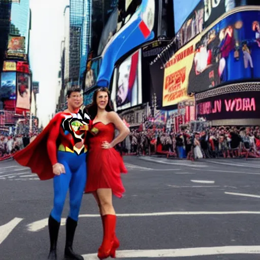 Image similar to v - j day in times square photograph with superman and wonder woman