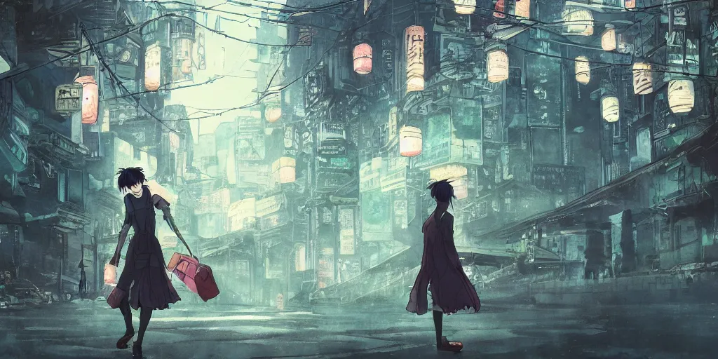 Image similar to anime, incredible wide screenshot, ultrawide, watercolor, paper texture, intricate, very detailed, ghost in the shell movie scene, girl in a dress walking the beautiful forest town, lanterns, wood bridges, night outdoors, fireflies, fog, dust