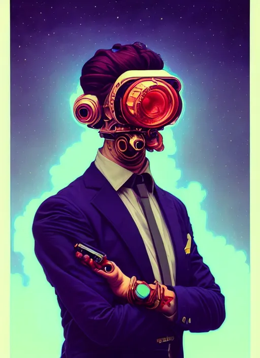 Image similar to high quality high detail portrait of a diesel punk in a suit in an alien world,, tristan eaton, victo ngai, artgerm, rhads, ross draws, hyperrealism, intricate detailed, alphonse mucha, 8 k, sci - fi, pastel colors, artstation,