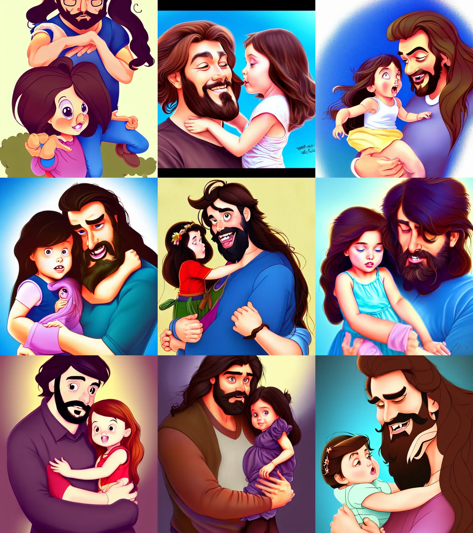 Image similar to a long - haired bearded father and his brunette child toddler girl, love, feeling, happy, full color digital illustration in the style of don bluth, artgerm, artstation trending, 4 k
