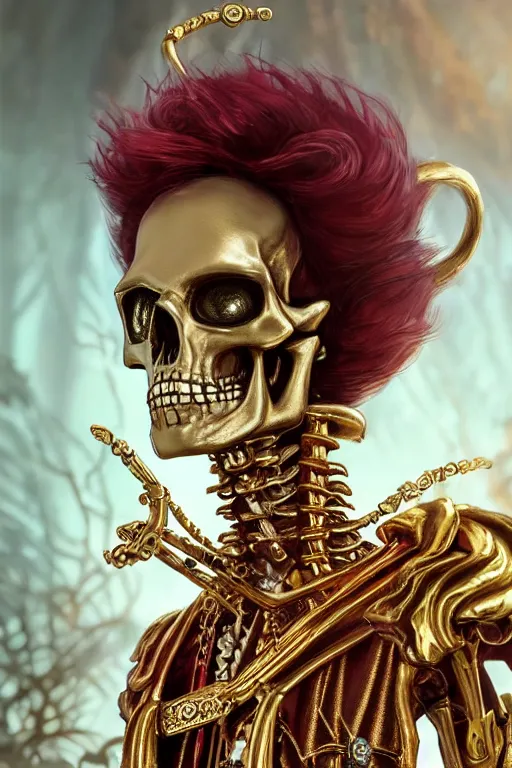 Image similar to androgyne lich skeleton made of iridescent metals and shiny gems covered with blood, long red hair, golden necklace, ultra realistic, concept art, intricate details, highly detailed, photorealistic, octane render, 8 k, unreal engine. dnd art by artgerm and greg rutkowski and alphonse mucha