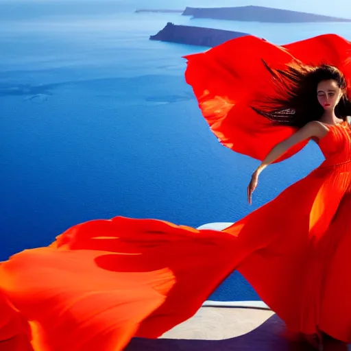Prompt: beautiful modern dancer wearing a red and yellow and blue swirling dress, standing on a Santorini terrace looking down into the ocean, trending on artstation, cinematic, photorealistic