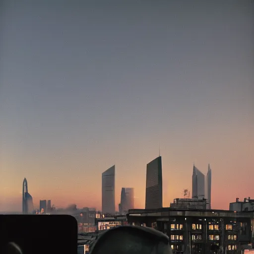 Image similar to a small rooftop with a couple of people sitting and watching the view, wearing black modern clothes, modern shanghai bund is on the background, sunset, by gregory crewdson, smog