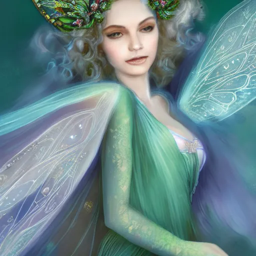 Image similar to detailed portrait of a fairy queen with wings wearing a silk and lace robe and a lace hood over her face, pixie, realism, emerald, galaxy, sapphire,blonde hair going down to the floor, moonlit, dark fantasy, dramatic lighting, cgsociety, artstation