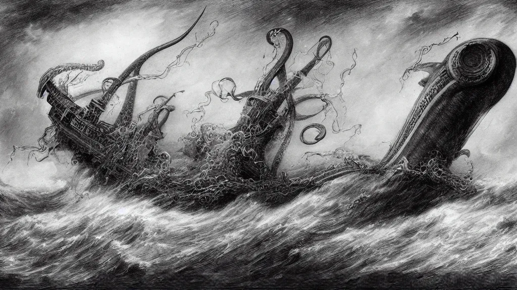 Image similar to drawing of a giant squid attacking a submarine beneath a stormy ocean, by gustave dore, nineteenth century, black and white, vintage, science fiction, epic composition, dramatic lighting, highly detailed, cinematic