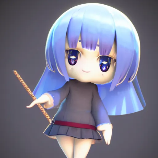 Image similar to cute fumo plush of a metallic reflective girl, video game promo art, global illumination reflectance probe, ssao, chibi anime, magical girl, beach, witch, vray