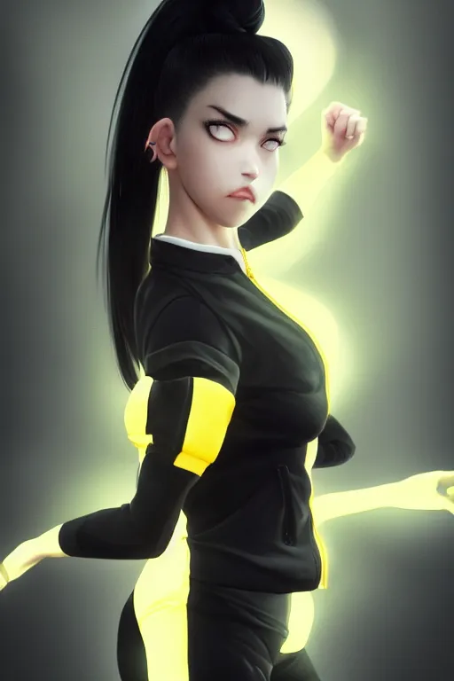 Image similar to black ponytail hair, pale woman in a black unzipped jacket, black shorts, yellow eyes, by artgerm, hair tied in a ponytail, black backdrop, masterpiece, beautiful render, matte painting, realistic, dynamic angle, wlop, loish, octane render, sharp focus, decadent, by greg rutkowski makoto shinkai