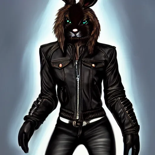 Prompt: An anthro bunny wearing a fine intricate leather jacket and leather jeans and leather gloves, trending on FurAffinity, energetic, dynamic, digital art, highly detailed, FurAffinity, high quality, anthro, anthropomorphic, furry, digital fantasy art, FurAffinity, favorite, character art