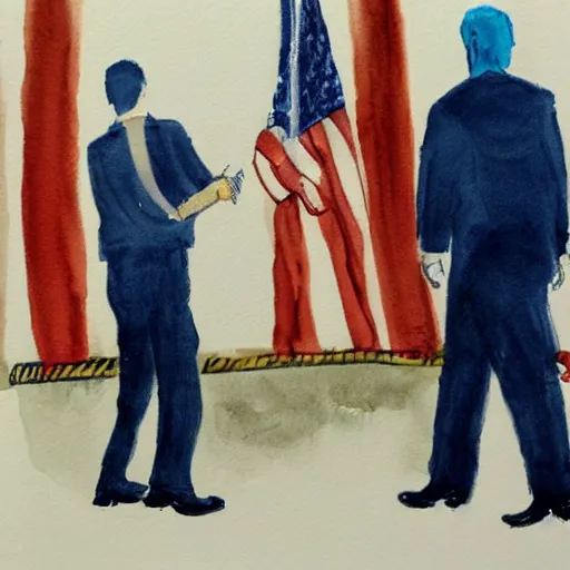 Prompt: donald trump being arrested by the fbi. donald trump handcuffed. watercolor.