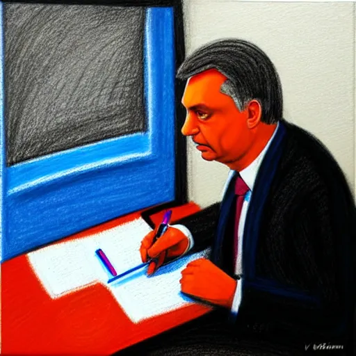 Image similar to viktor orban drawing doodles in a cubicle, oil painting