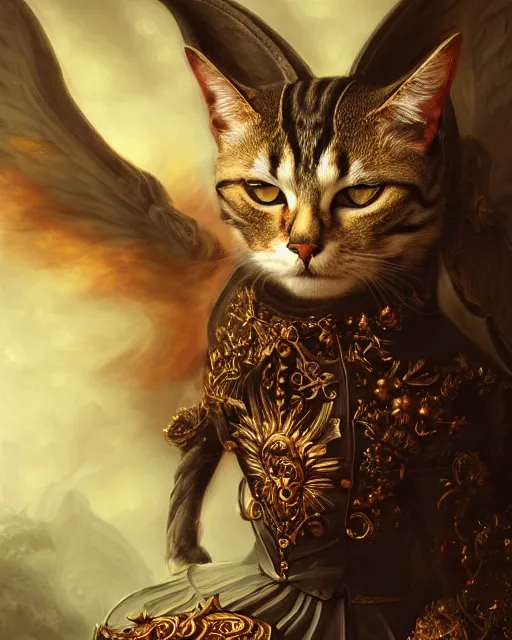 Image similar to amazing poster of detailed portrait digital rococo painting of a beautiful serious cat wearing fantasy clothing. the cat has black angel wings, evil mood, hellish battlefield in the background, unreal engine, embers flying, hyper realism, realistic shading, cinematic composition, blender render, octane render, ultrawide shot
