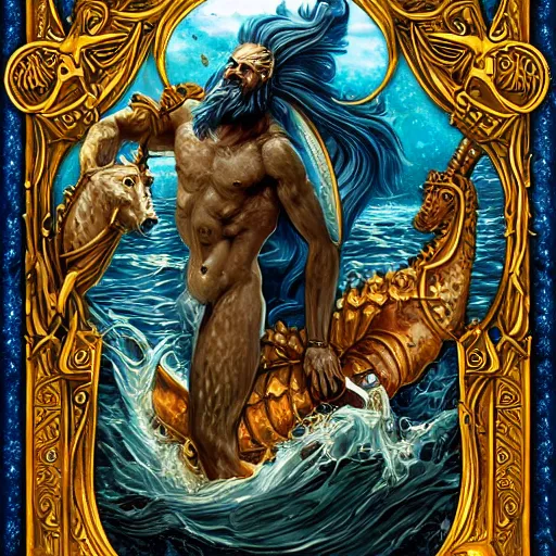 Prompt: poseidon on seahorses, tarot card, ornate, ultradetailed, digital art, irina french, heraldo ortega, mandy jurgens, golden ratio, art canvas, award winning, masterpiece trending on artstation 8 k 1 5 0 mpx