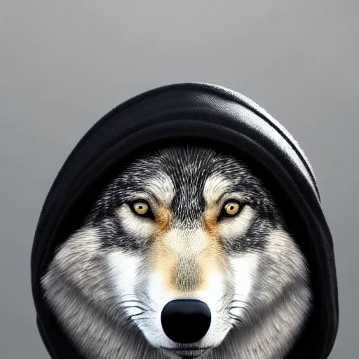 Image similar to portrait of a wolf in a black cap with a visor and a black sweatshirt, a necklace of white pearls around his neck, ultra detailed,photorealistic, 8k, HD, blender, high quality,