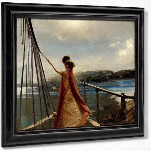 Prompt: woman traversing a suspension bridge by alfred stevens