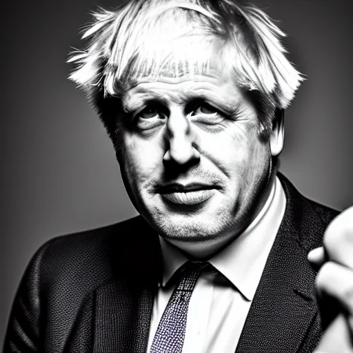 Prompt: boris Johnson standing while posing for a photo, award winning photography, HDR, studio lighting, dynamic pose, medium close shot, shot on Canon EOS R5, f/2.5,