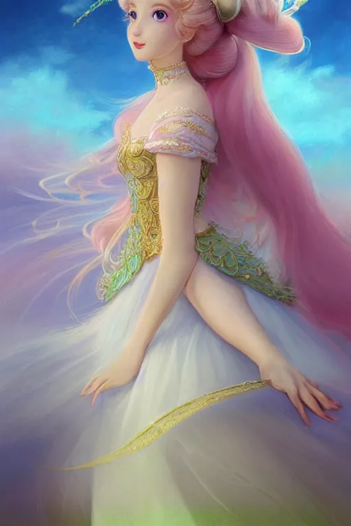 Image similar to portrait of princess peach, fantasy, gradient white pink gold, dreamy and ethereal, green eyes, golden ratio, peaceful expression, ornate frilly dress, fantasy, intricate, elegant, blue skye with clouds on the background, highly detailed, digital painting, artstation, concept art, smooth,b sharp focus, illustration, art by artgerm and greg rutkowski and alphonse mucha
