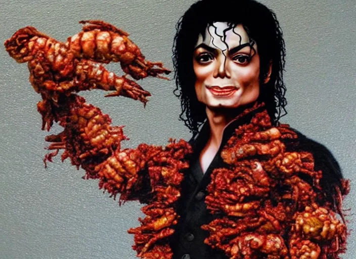 Prompt: michael jackson made of fried shrimp, lowbrow, matte painting, 3 - d highly detailed, in the style of mark ryden,