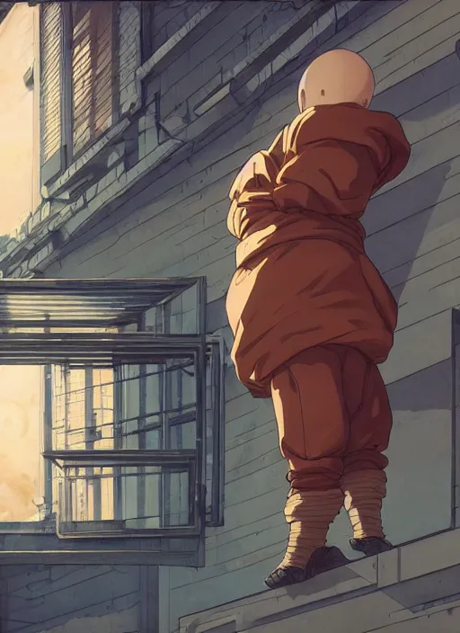 Image similar to highly detailed krillin standing outside building with a window with metal bars and naruto uzumaki with black hair behind them art by greg rutkowski, loish, rhads, ferdinand knab, makoto shinkai and lois van baarle, ilya kuvshinov, rossdraws, tom bagshaw, global illumination, radiant light, detailed and intricate environment