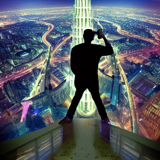 Prompt: closeup of a man [ standing on the pinnacle of the burj khalifa ]!!, holding a camera, viewing out into a [ futuristic cityscape ]!!, dusk atmosphere, digital art illustrated by max hay and greg rutkowski, [ 8 0 s neon art style ]!!, neon wallpaper!!, golden ratio!!, centered!!