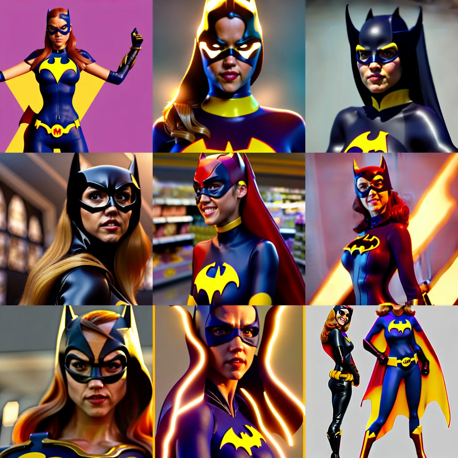Prompt: jessica alba as batgirl standing in line at a crowded grocery store, rutkowski, mucha, octane render, artstation