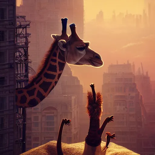 Prompt: a full body painting of a [ camel giraffe standing on rooftop ], intricate, epic lighting, cinematic composition, hyper realistic, 8 k resolution, unreal engine 5, by artgerm, tooth wu, dan mumford, beeple, wlop, rossdraws, james jean, andrei riabovitchev, marc simonetti, artstation