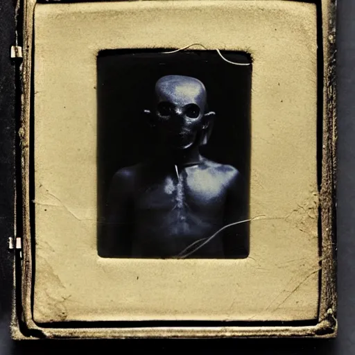 Prompt: A daguerreotype photograph of an alien in ancient Egypt.