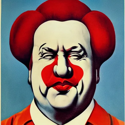 Image similar to communist clown portrait, soviet propaganda style, poster, mao