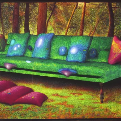 Image similar to psychedelic couch sofa in the lush pine forest, milky way, designed by arnold bocklin, jules bastien - lepage, tarsila do amaral, wayne barlowe and gustave baumann, cheval michael, trending on artstation, star, sharp focus, colorful refracted sparkles and lines, soft light, 8 k 4 k