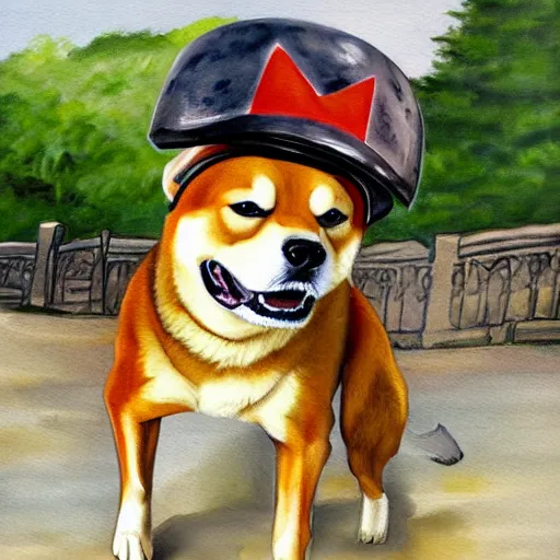 Image similar to A painting of a Shiba Inu dog wearing a soldier's helmet