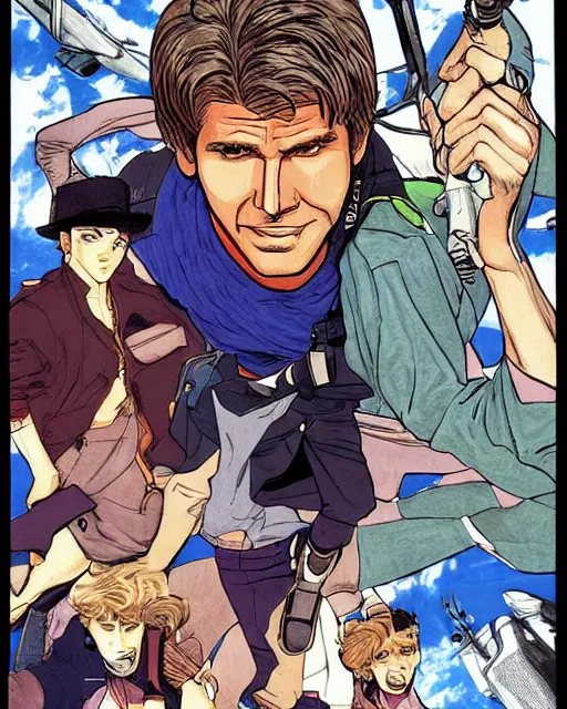 Image similar to Digital color pen drawing of young Harrison Ford from JoJo\'s Bizzare Adventure, highly detailed, sharp focus, screentone shading, 1990 manga panel, trending on ArtStation, manga cover art drawn by Hirohiko Araki