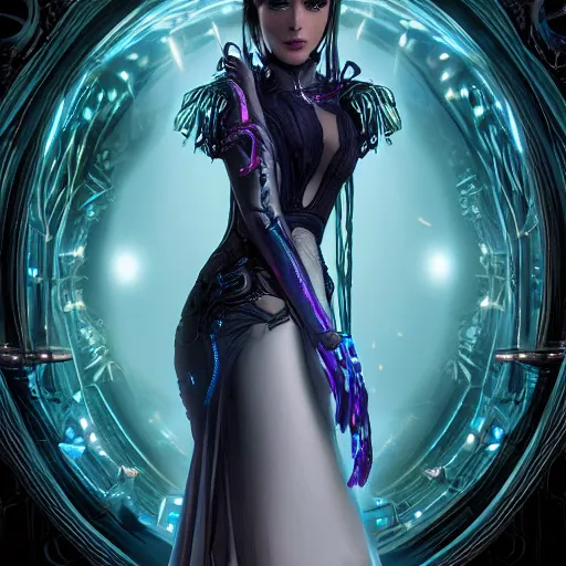 Image similar to A still of an ethereal, mysterious stunning maximalist mesmerizing elven girl from the rainbow sky paradise in Tron: Legacy (2010), high-tech, Victorian gothic lolita fashion, highly detailed, very beautiful painting by artgerm and WLOP, medium shot, cinematic lighting, concept art, artstation, D&D RPG portrait