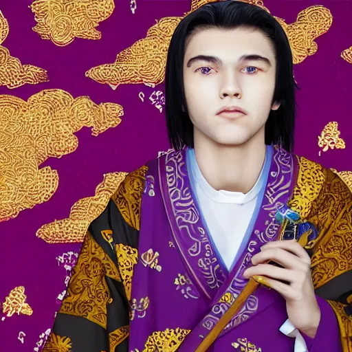 Image similar to teenager boy with straight indigo hair, purple eyes with red eye markers, slim body, wearing a detailed Japanese kimono, holding a japanese fan, Super-Resolution, HSL, 2-bit, VR, Uniform, Nano, Senary, RTX, insanely detailed and intricate, hypermaximalist, elegant, ornate, hyper realistic, super detailed, full body, full body shot, full image