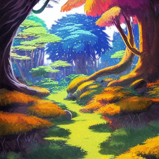 Image similar to a bright and warm forest, fantasy art, 2 d game art, by studio ghibli