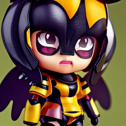Prompt: photograph of cute bee nendoroid with themed armor with crimson - black metal bee wings, portrait, hyperdetailed, artstation, cgsociety, 8 k, by tangerine dream