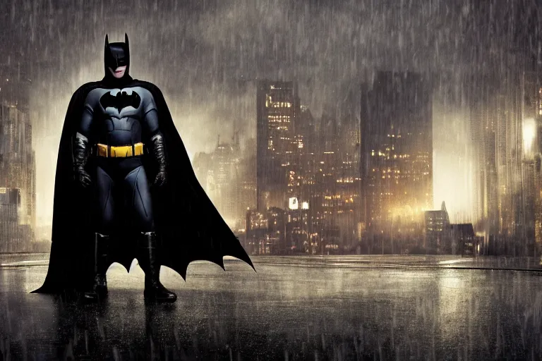 Prompt: a cinematic painting of bill crosby as batman near a dystopian cityscape on a rainy day, beautiful lighting, high depth, ultra realistic, artistic, by annie leibovitz