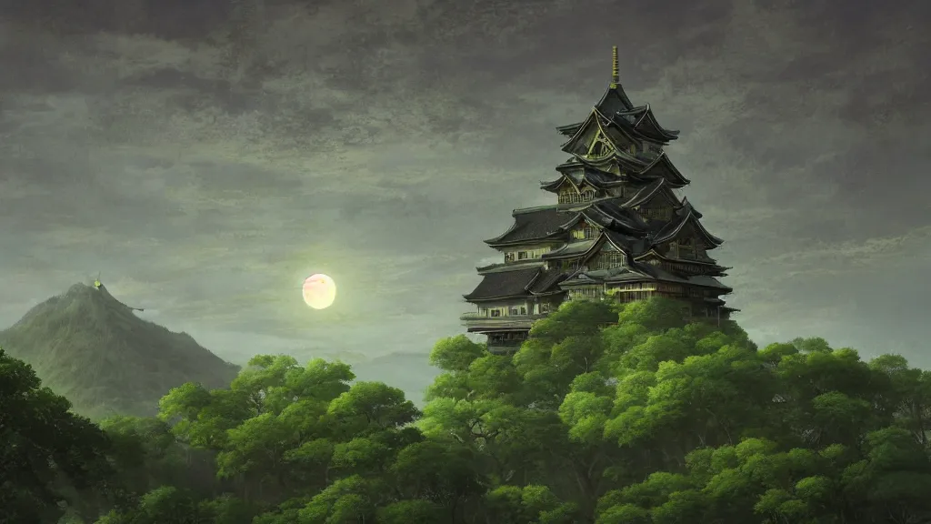 Image similar to beautiful green japanese castle in front of mountainous background with just a few trees, dark sky full moon, whimsical surrealism, 8 k, subsurface scattering, intricate geometry, fantastical setting, otherwordly, by greg rutkowski