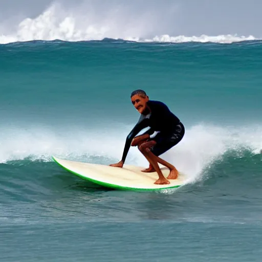 Prompt: barack obama surfing 1 0 0 0 foot wave with a margarita in his hand