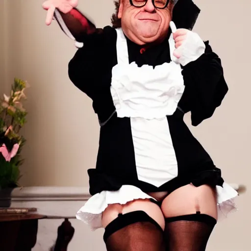 Image similar to Danny Devito wearing a maid outfit, cat ears, and thigh highs