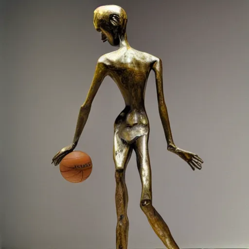 Image similar to Walking Man II by Alberto Giacometti wearing a cloth basketball jersey. Bronze Sculpture displayed in fine art museum.