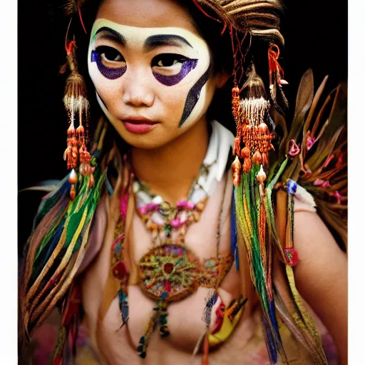 Image similar to portrait of a stunningly beautiful asian tribal female, small amount of traditional facepainting, depth of field, zeiss lens, detailed, symmetrical, centered, fashion photoshoot, by alphonse mucha, Annie Leibovitz and Steve McCurry, David Lazar, Jimmy Nelsson, Breathtaking, 8k resolution, extremely detailed, beautiful, establishing shot, artistic, hyperrealistic, beautiful face, octane render