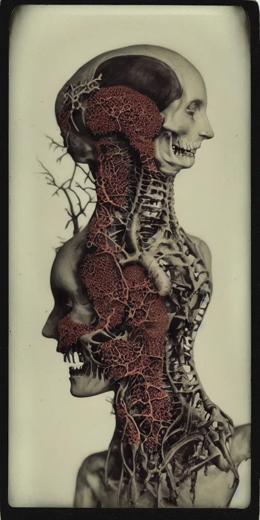 Image similar to an 1 9 1 0 polaroid photography of a very sad and detailed rotten woman corpse with fractal coral reefs and ornate growing around her face muscles, veins, arteries, bones, anatomical, skull, eye, ears, full body, intricate, surreal, ray caesar, john constable, guy denning, dan hillier, black and white