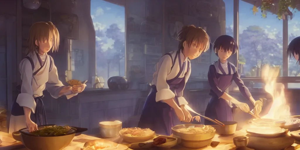 Image similar to a wholesome animation key shot of violet evergarden cooking tasty ramen in the kitchen, medium shot, waist up, studio Ghibli, Pixar and Disney animation, sharp, Rendered in Unreal Engine 5, anime key art by Greg Rutkowski, Bloom, dramatic lighting