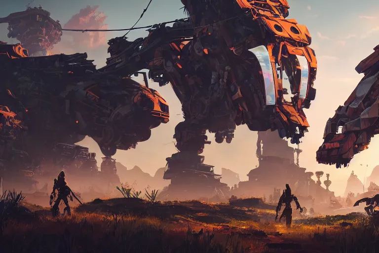 Image similar to scrapper machine mecanical creature robot of horizon forbidden west horizon zero dawn radiating a glowing aura global illumination ray tracing hdr fanart arstation by ian pesty and alena aenami artworks in 4 k