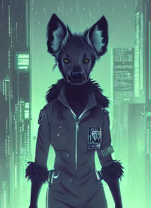 Image similar to beautiful portrait commission of a female furry anthro hyena fursona wearing a police uniform. Cyberpunk city at night in the rain. Neon light. Atmospheric. Character design by charlie bowater, ross tran, artgerm, and makoto shinkai, detailed, inked, western comic book art