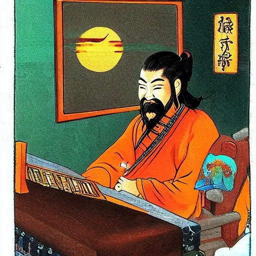 Prompt: oriental painting of sun tzu playing a game of warcraft ii on his desktop computer